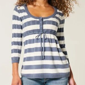 NWT Hollister XXL Cable Knit Babydoll sweater top stripes blue grey
